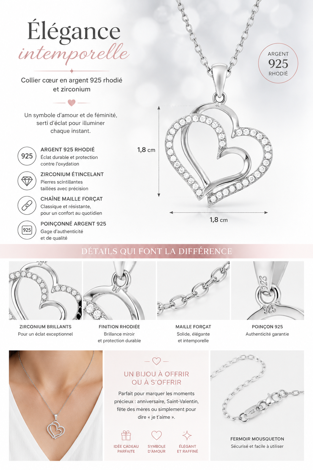Collier Cœurs Entrelacés en Argent 925 Rhodié & Zirconiums