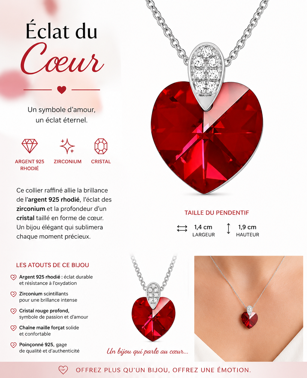 Collier Cœur Cristal rouge & Zirconiums en Argent 925 Rhodié
