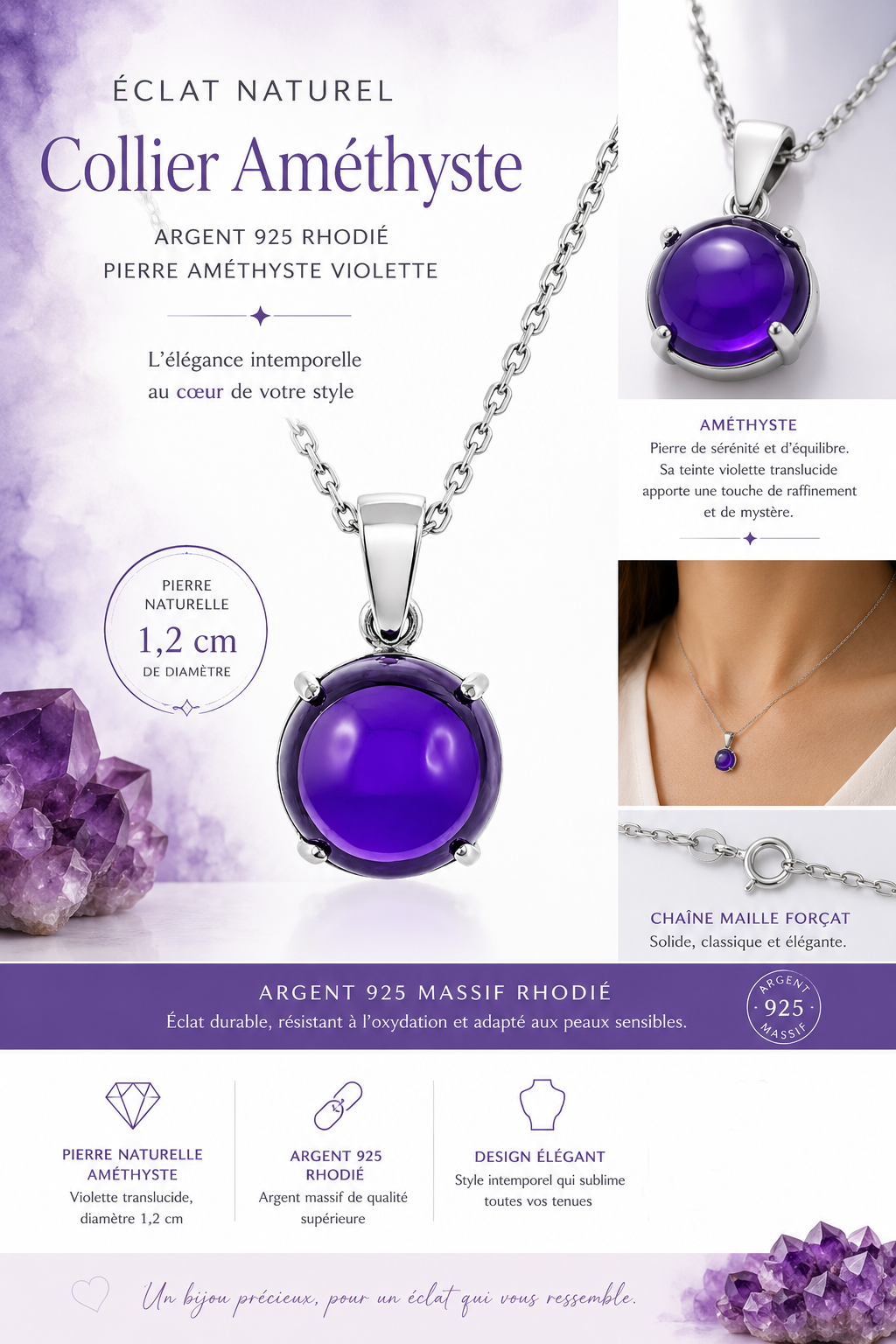 Collier Améthyste Véritable & Argent 925 Rhodié