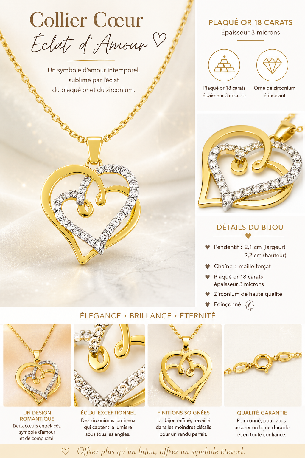 Collier Cœurs Entrelacés – Plaqué Or 18 Carats & Zirconiums