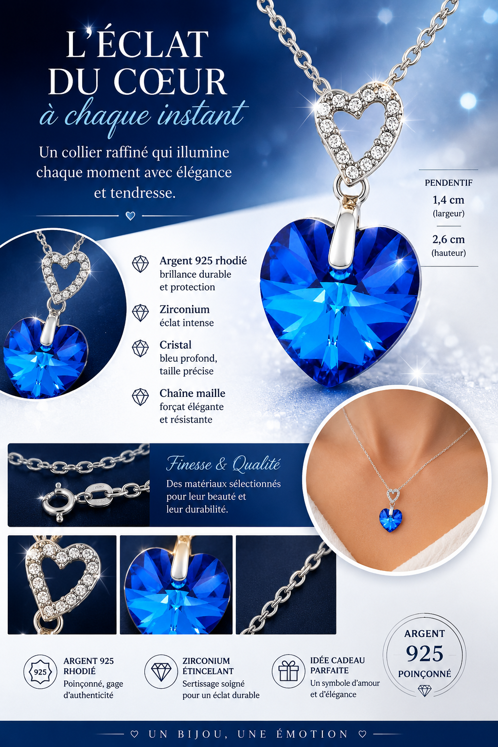 Collier Cœur Cristal Bleu & Argent 925 Rhodié