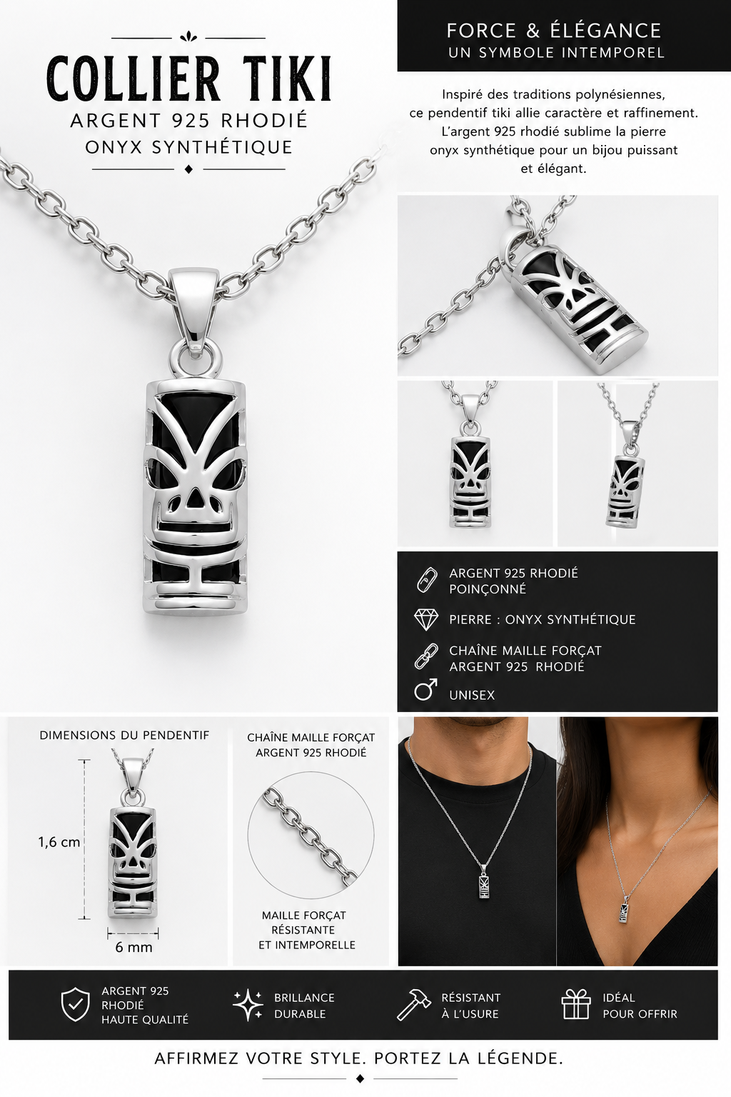 Collier Tiki en Argent 925 Rhodié & Onyx Synthétique