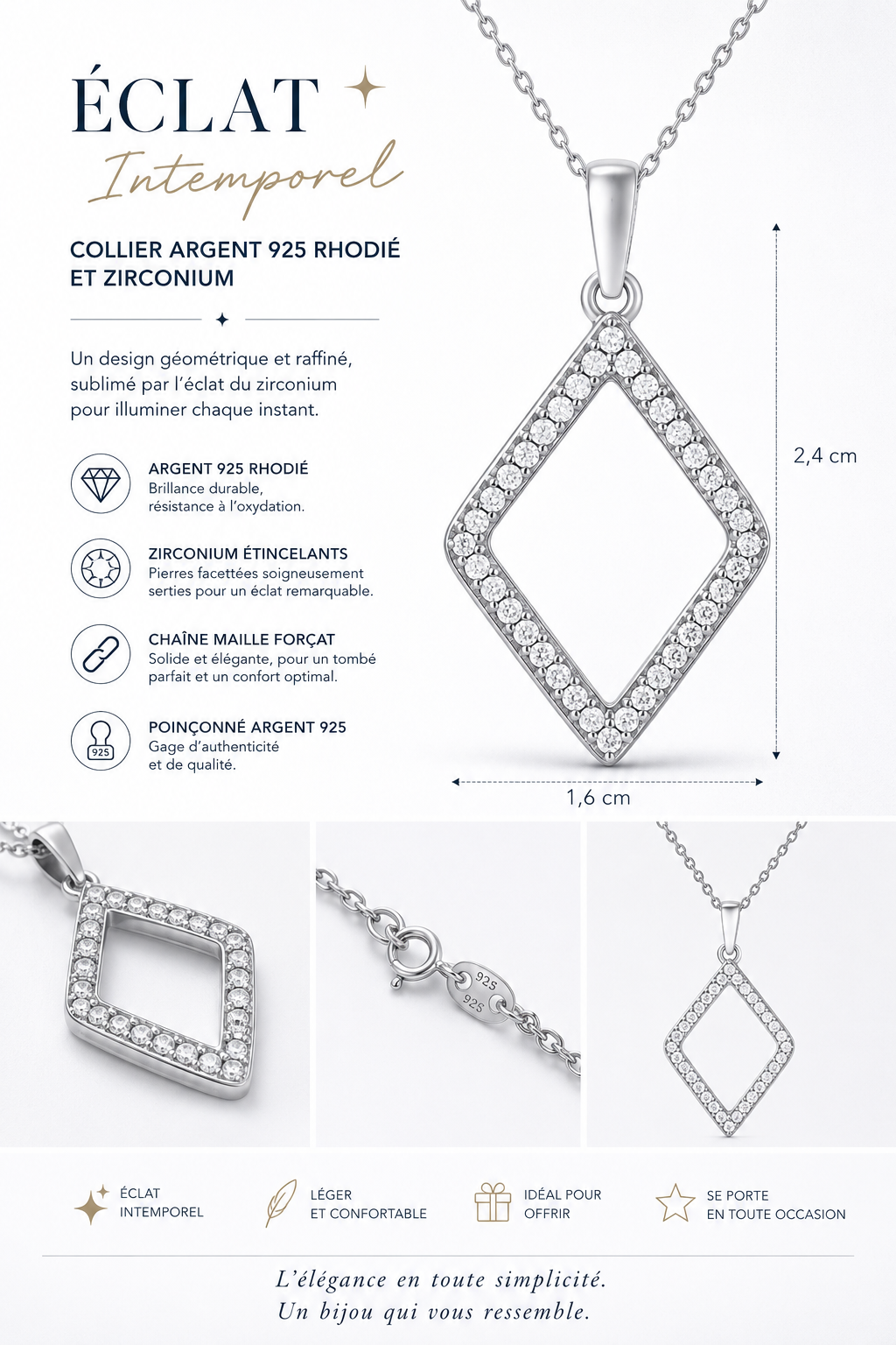 Collier Losange Zirconiums en Argent 925 Rhodié