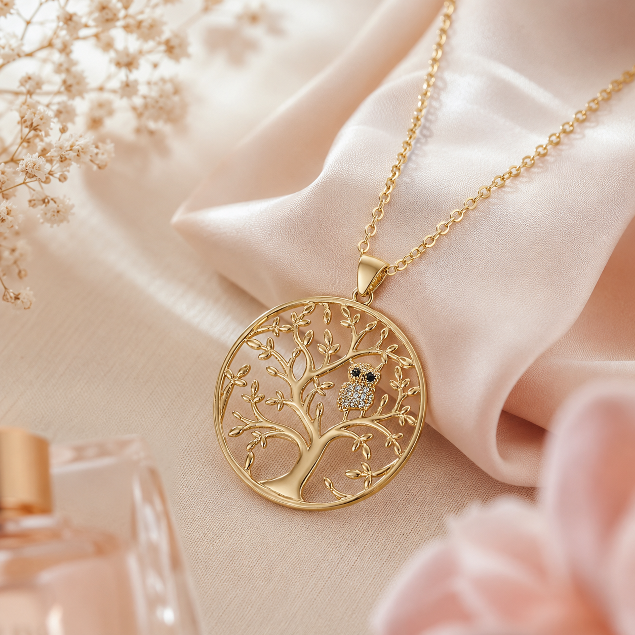 Collier Arbre de Vie & Hibou – Plaqué Or Jaune 18 Carats