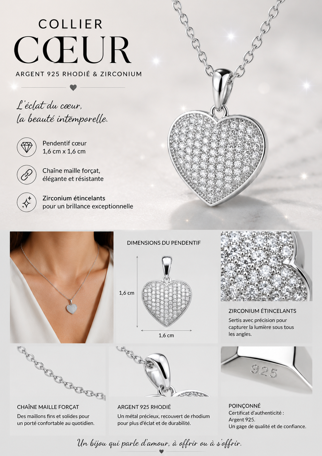 Collier Cœur Pavé Zirconium en Argent 925 Rhodié