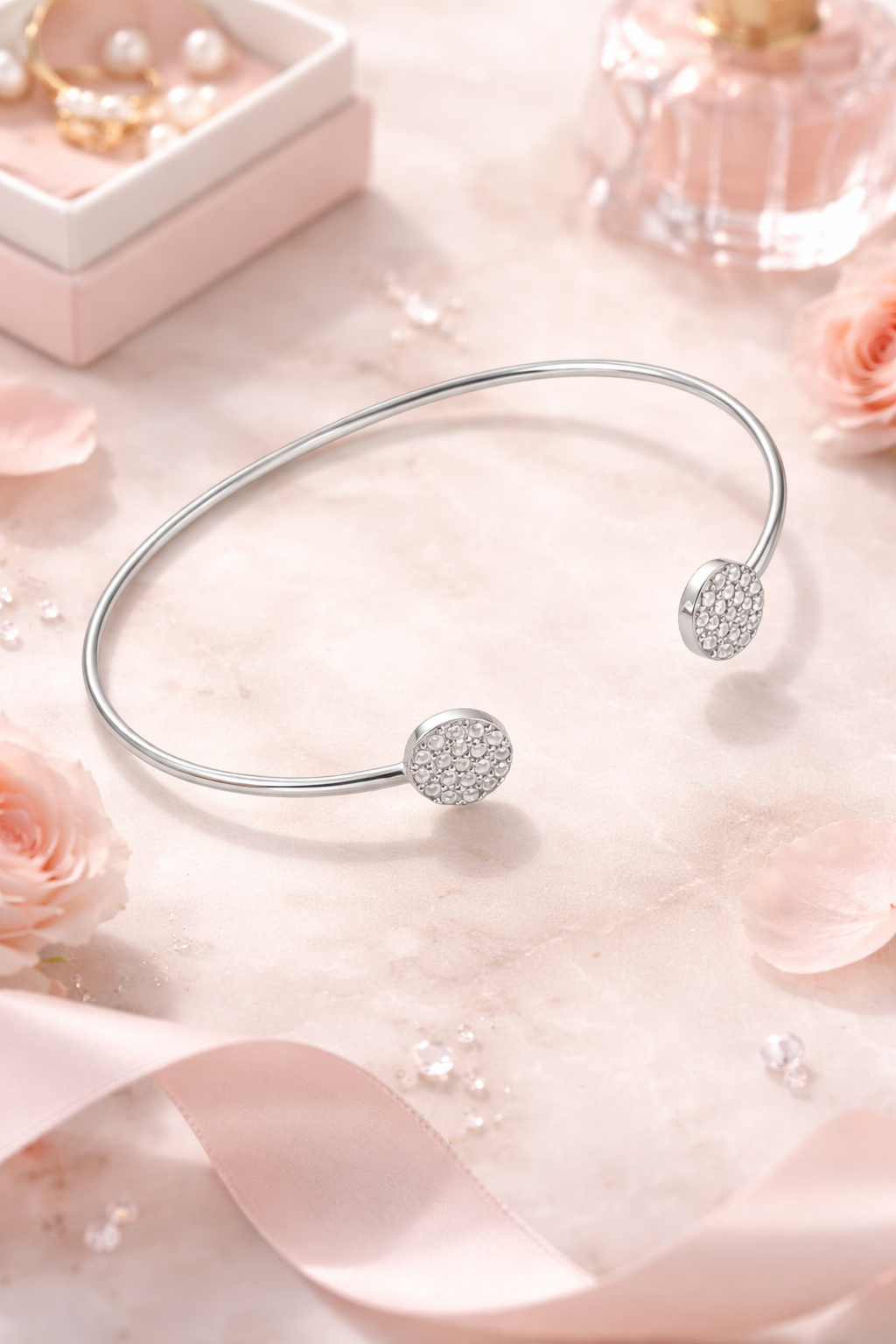 Bracelet Jonc Ouvert en Argent 925 Rhodié & Zirconiums