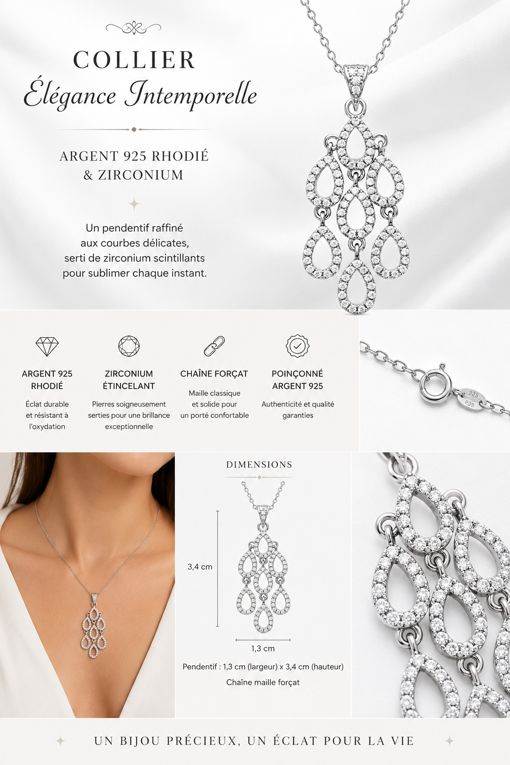Collier en Argent 925 Rhodié & Zirconiums – Pendentif Gouttes Élégantes