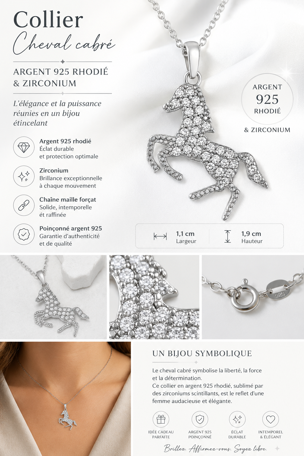 Collier Cheval en Argent 925 Rhodié & Zirconiums
