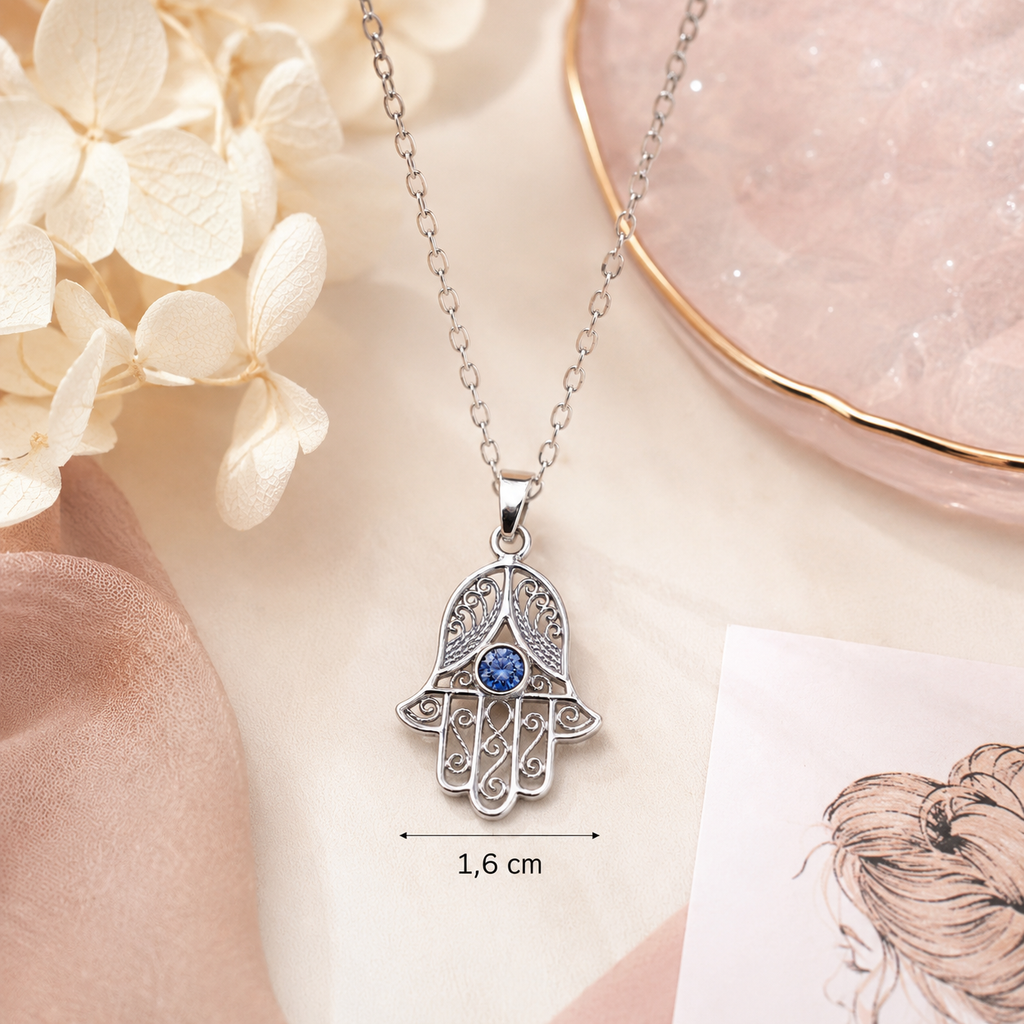 Collier Main de Fatma en Argent 925 Rhodié & Zirconium Bleu