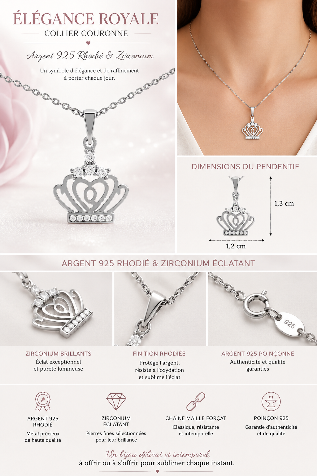 Collier Couronne Cœur Argent 925 Rhodié & Zirconiums