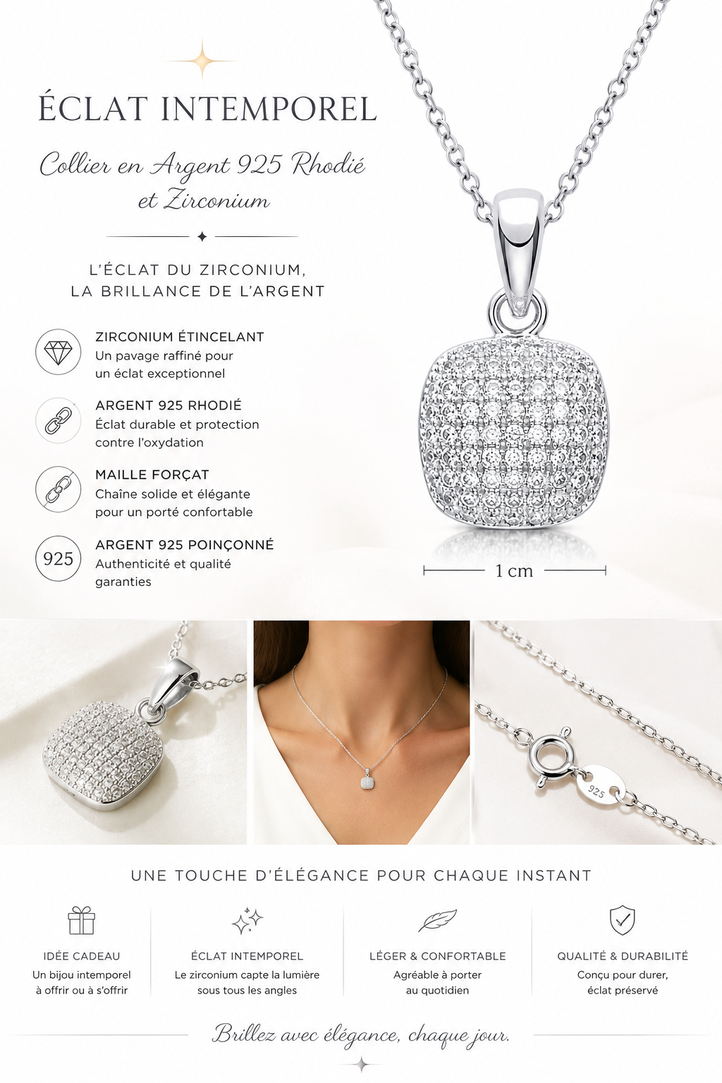 Collier en Argent 925 Rhodié & Zirconiums – Pendentif Pavé Carré | Orinae