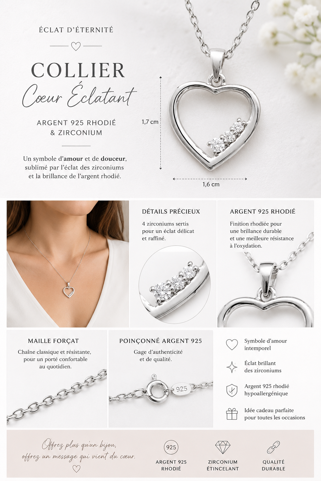Collier Cœur Argent 925 Rhodié & Zirconiums – Orinae