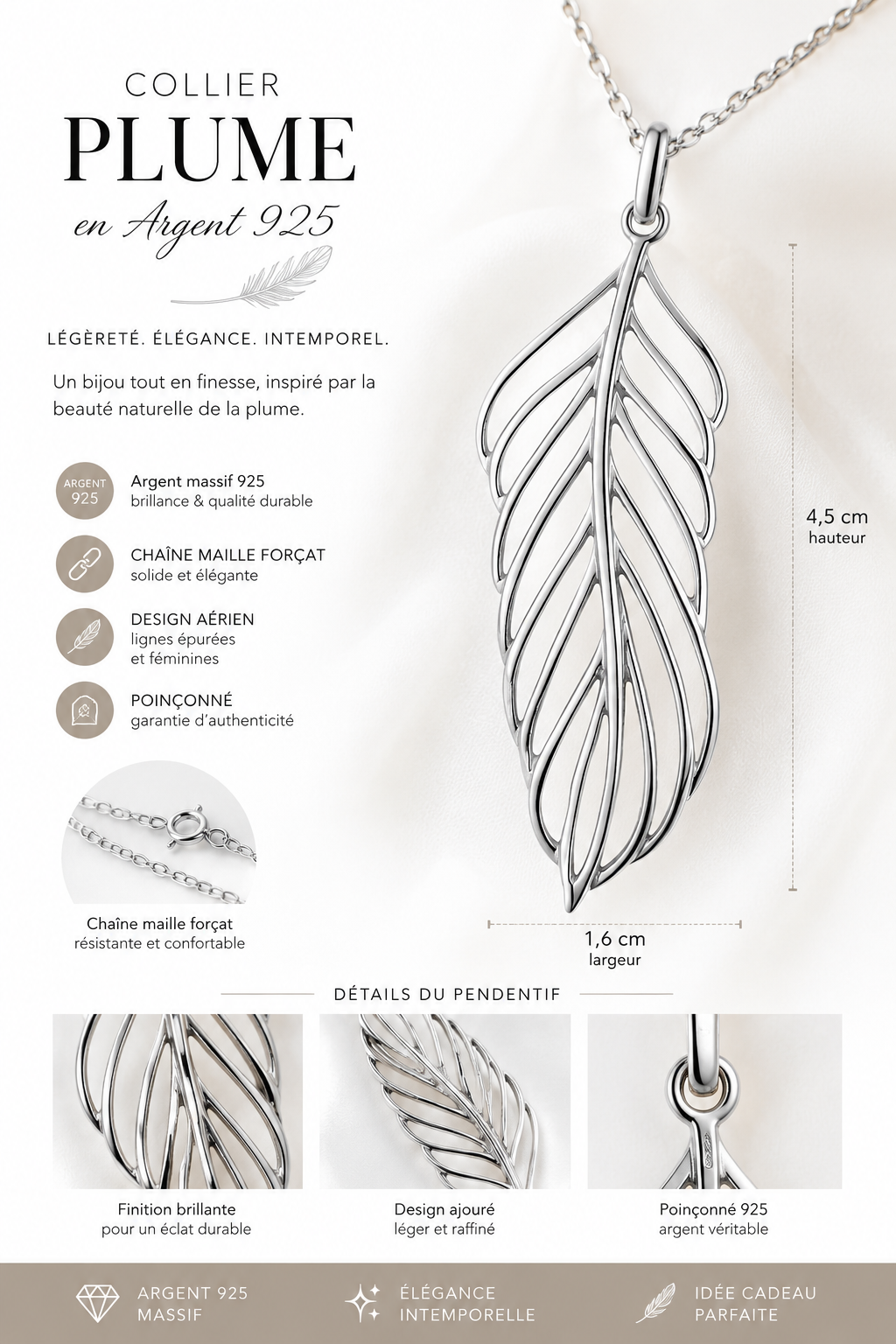 Collier Plume Argent 925 Massif