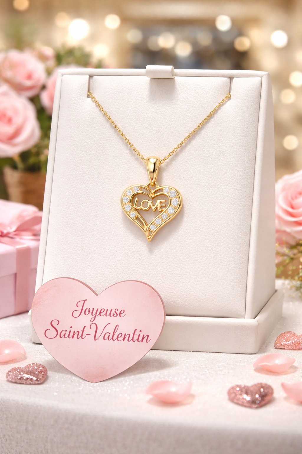 Collier Cœur LOVE – Plaqué Or 18 Carats & Zirconium