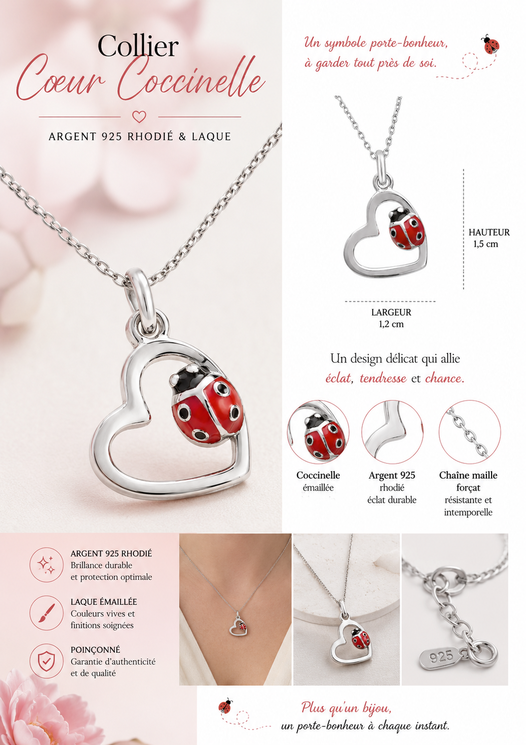Collier Coccinelle Cœur en Argent 925 Rhodié & Laque Rouge