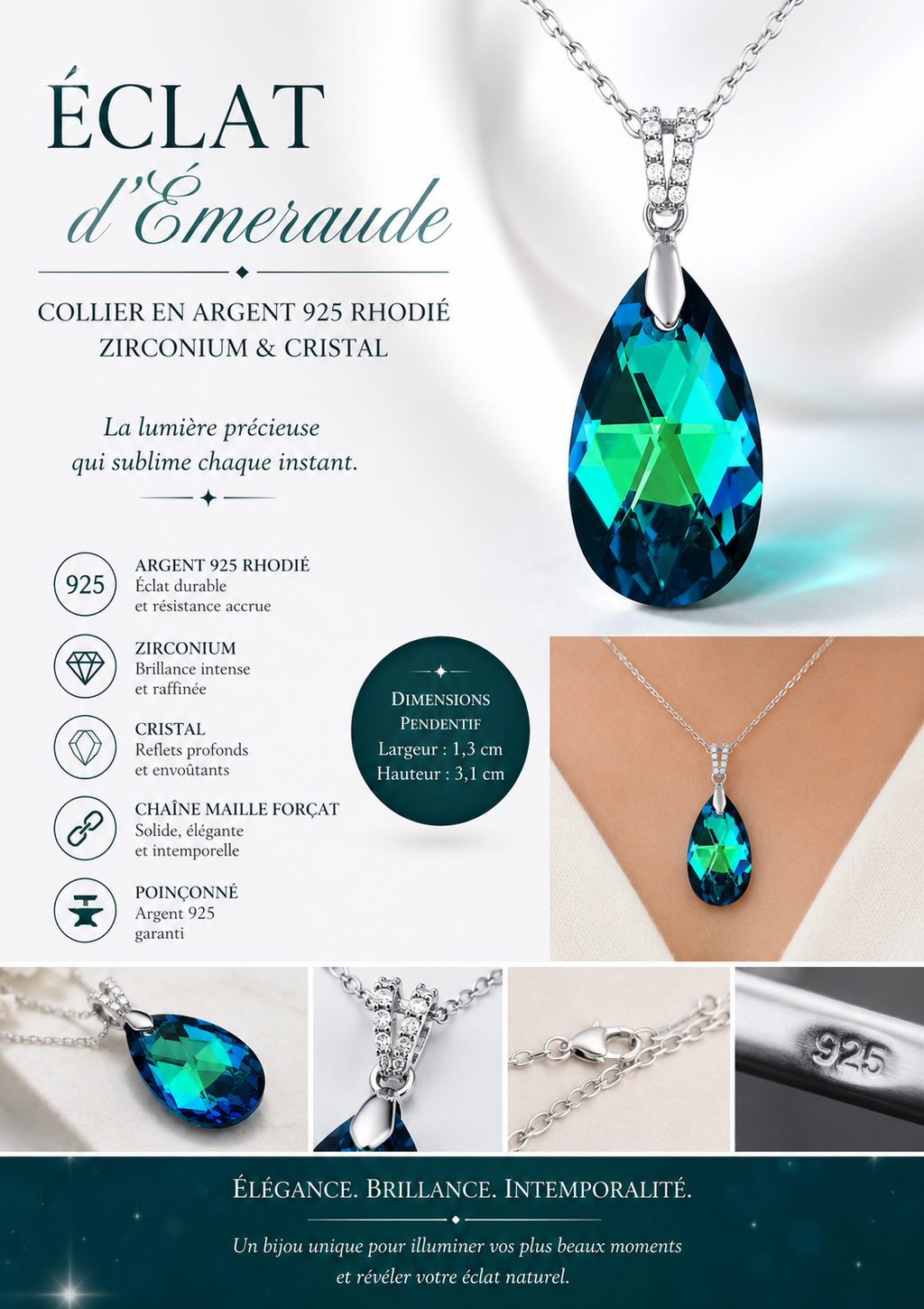 Collier Argent 925 Rhodié, Zirconiums & Cristal Bleu Vert