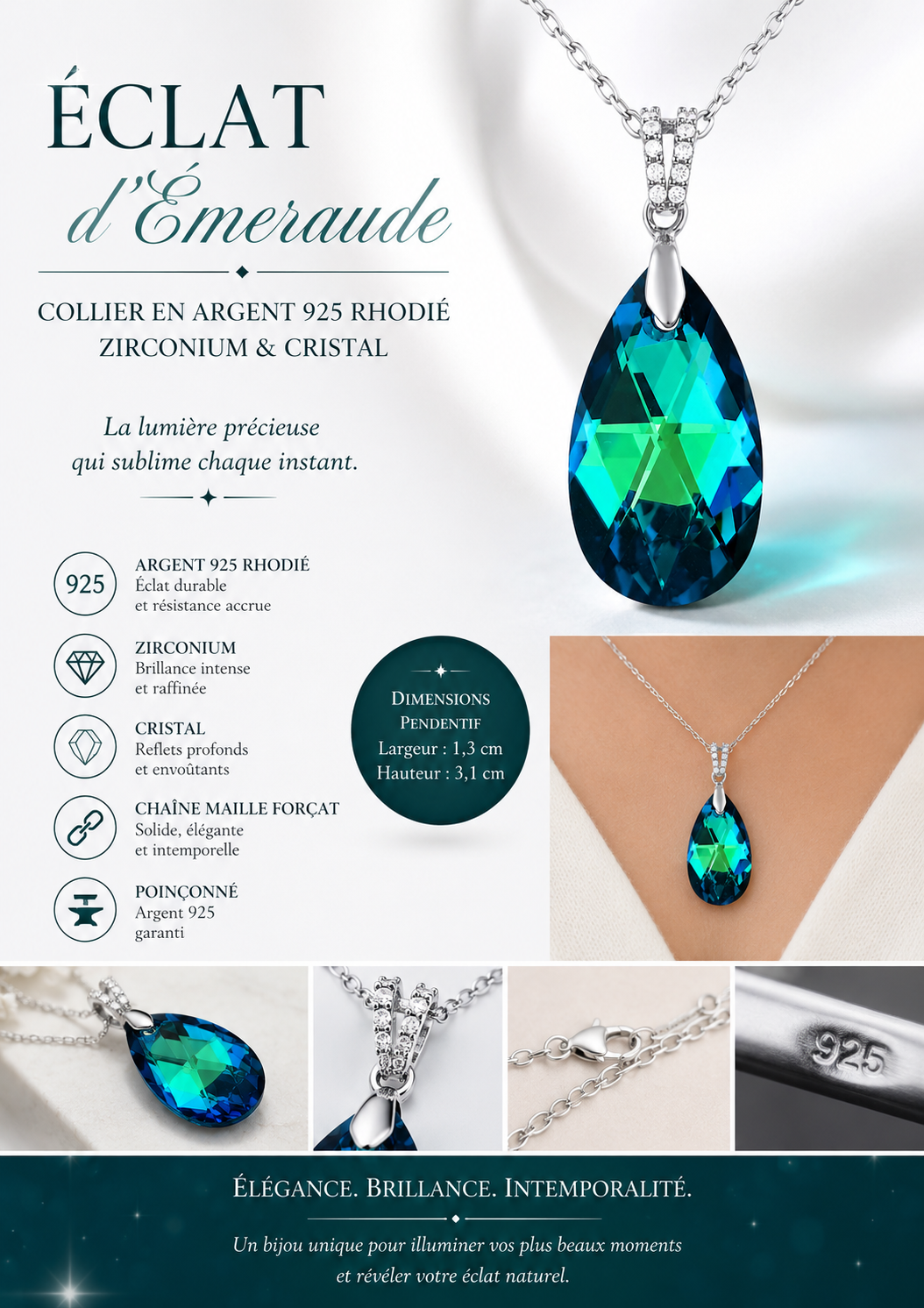 Collier Argent 925 Rhodié, Zirconiums & Cristal Bleu Vert