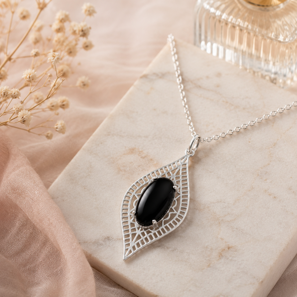 Collier Onyx Noir & Argent 925 Rhodié