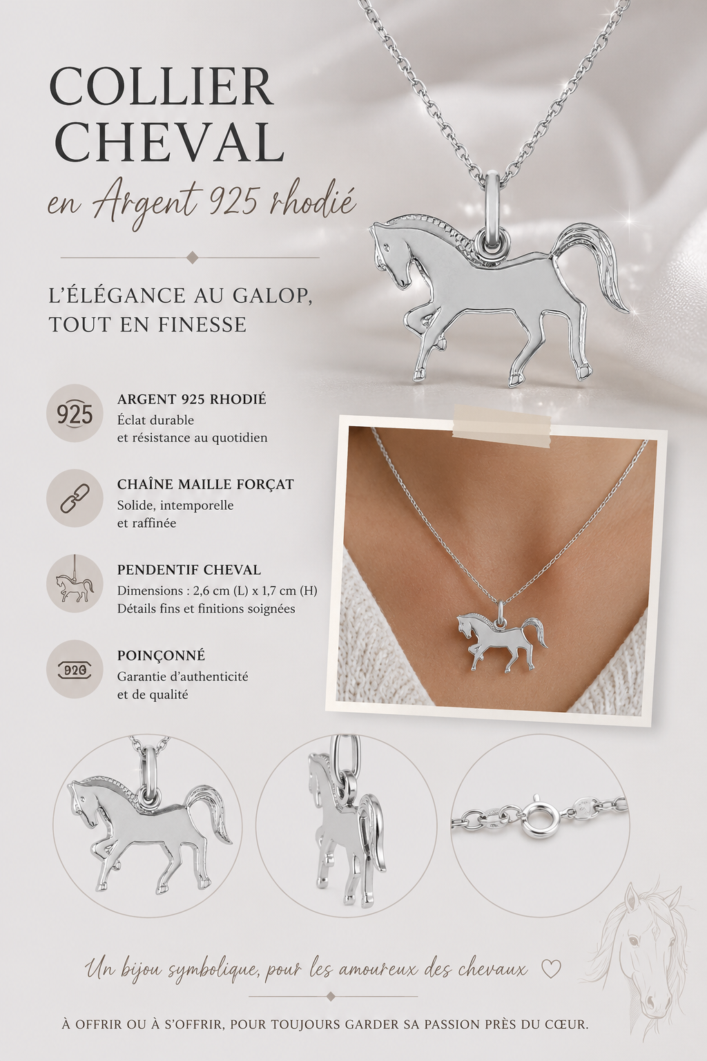 Collier Cheval en Argent 925 Rhodié – Orinae
