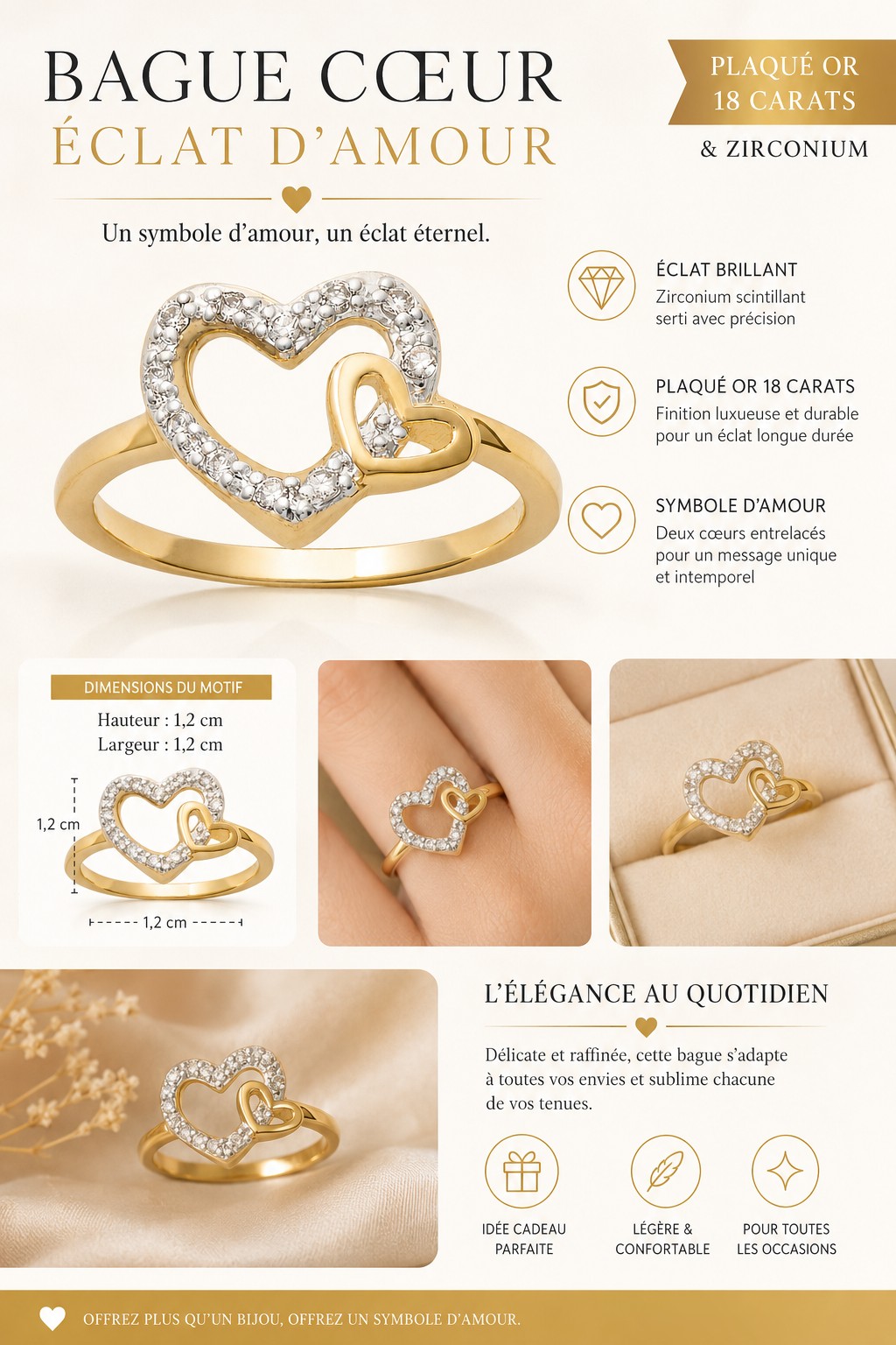 Bague Cœur Zirconium – Plaqué Or 18 Carats