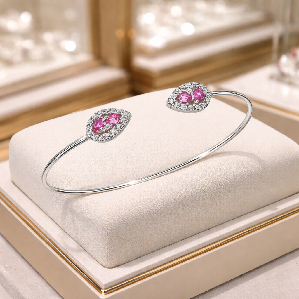 Bracelet ouvert en argent 925 rhodié & zirconiums roses