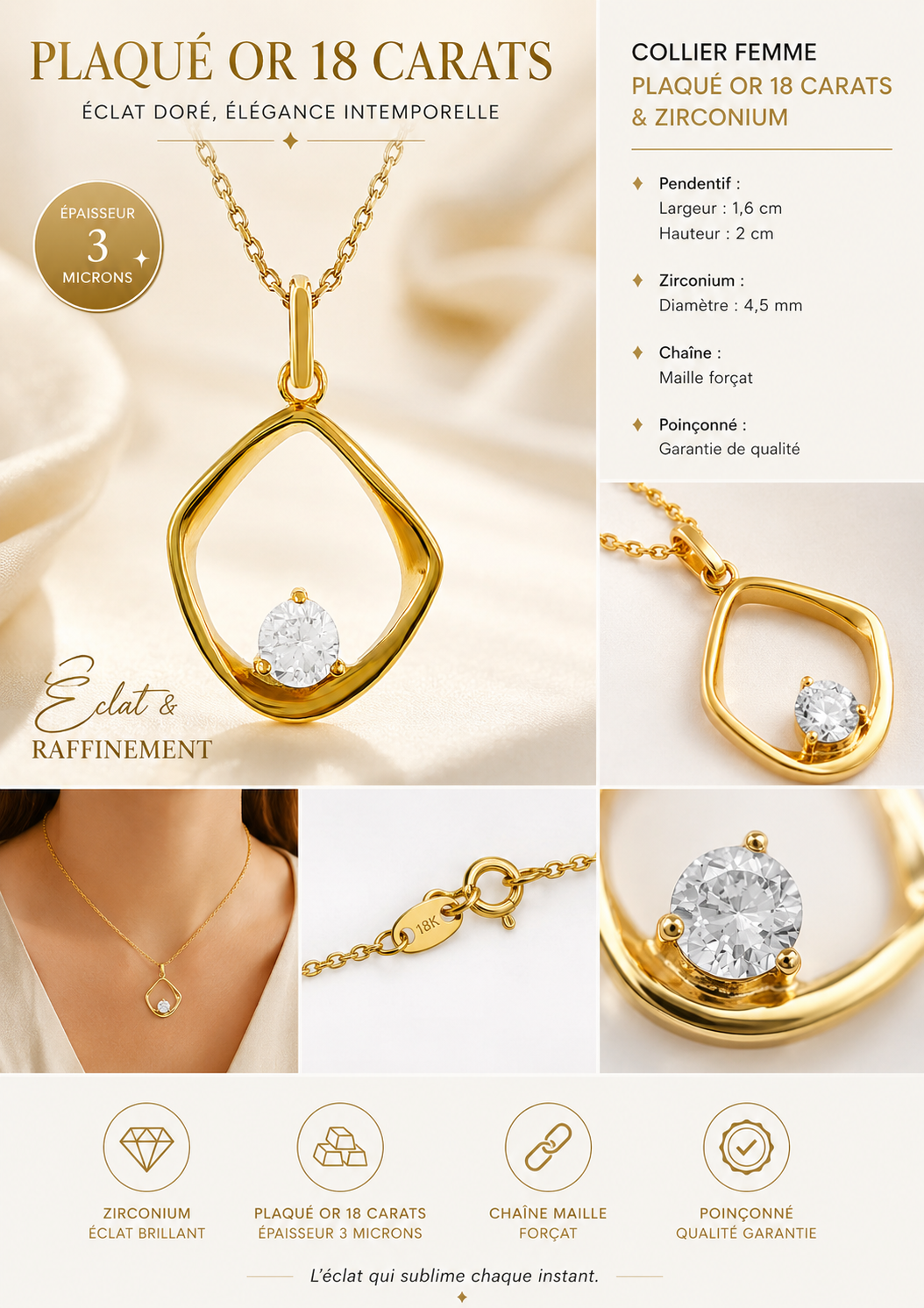 Collier Pendentif Zirconium Plaqué Or 18 Carats