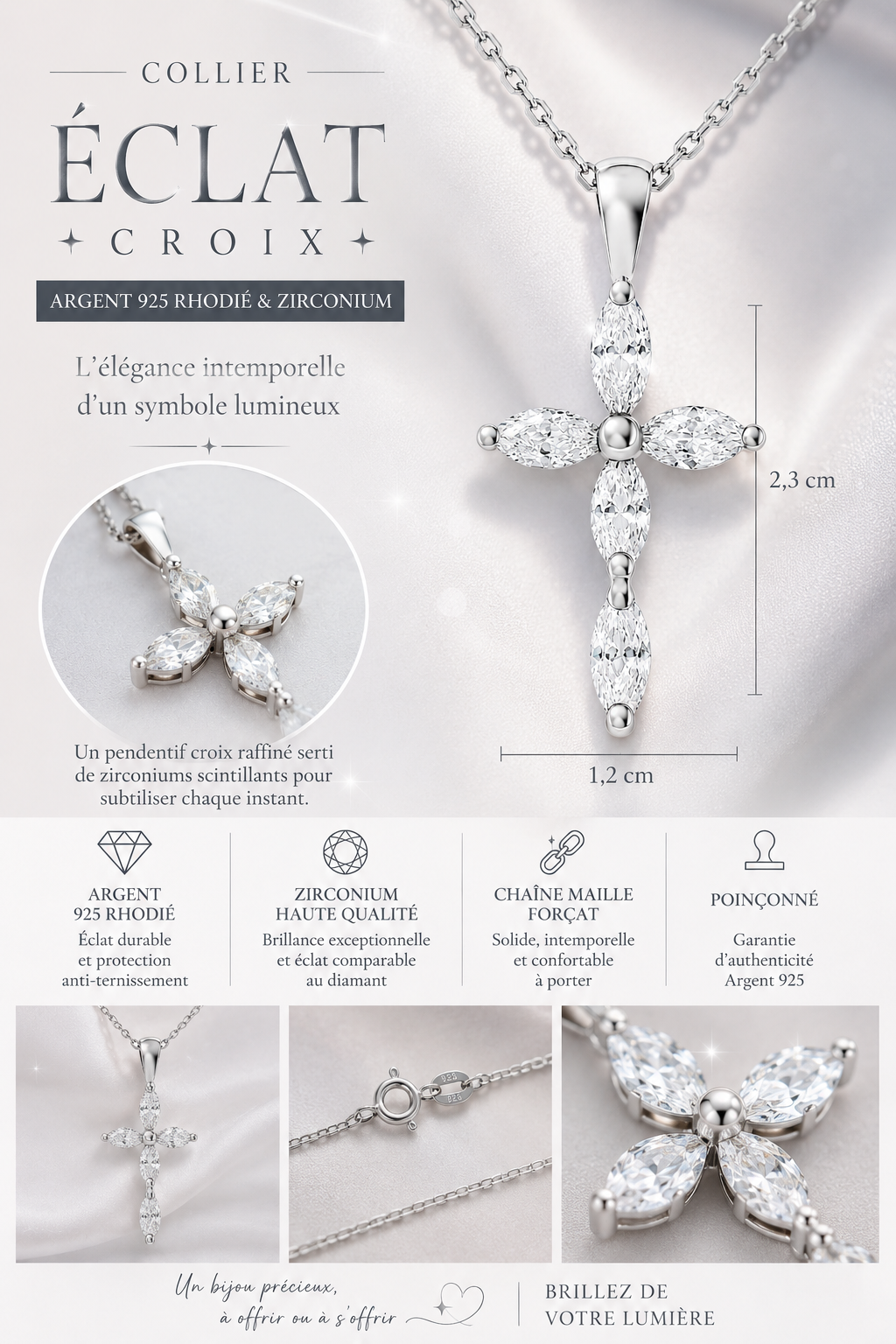 Collier Croix – Argent 925 Rhodié & Zirconiums