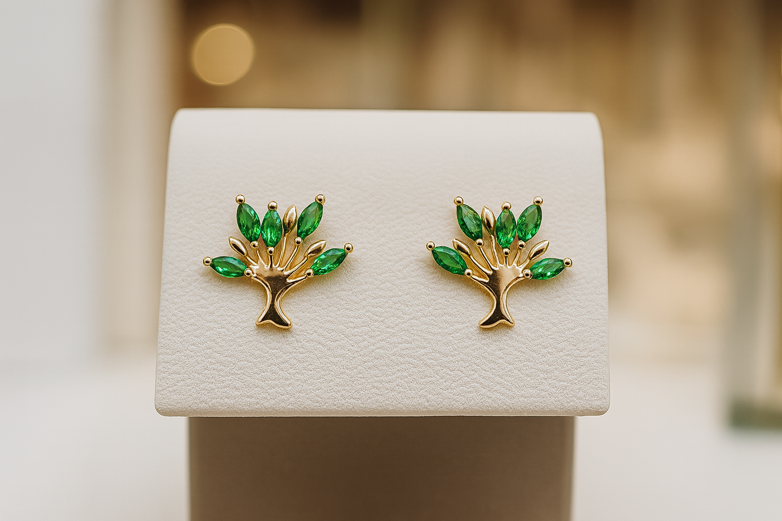 Boucles d’Oreilles Arbre de Vie – Plaqué Or & Pierres Zirconium Vert – Bijou Féminin Élégant