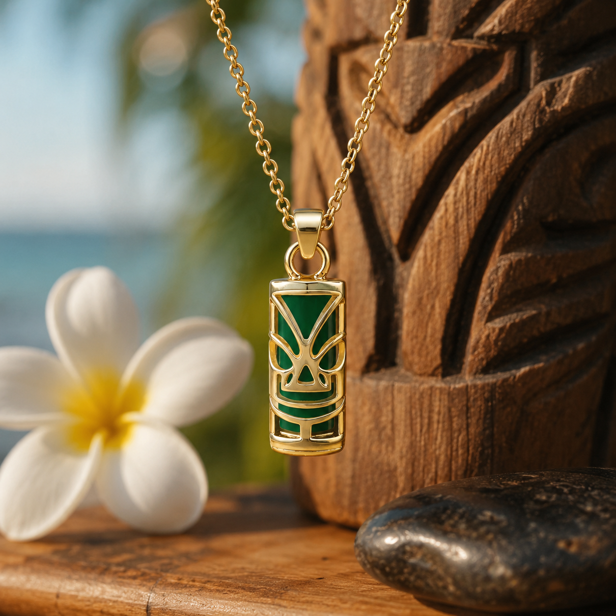 Collier Tiki en Plaqué Or 18 Carats & Agate Verte Naturelle