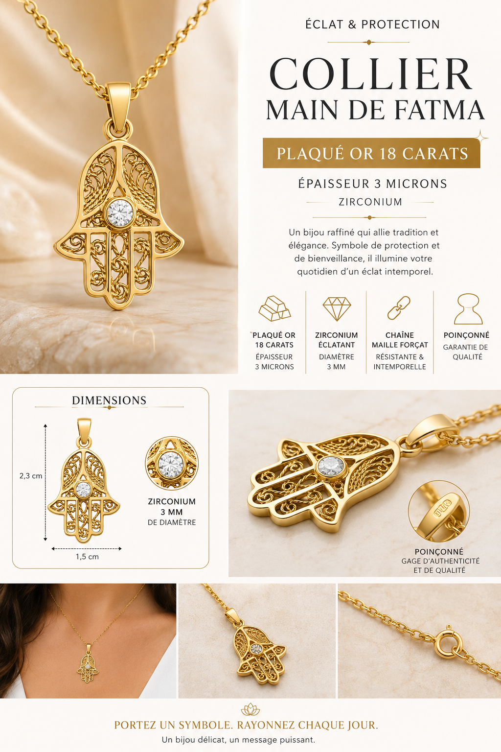 Collier Main de Fatma Plaqué Or Jaune 18 Carats & Zirconium Blanc