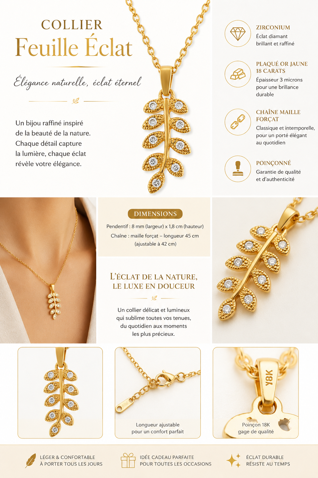 Collier Feuille Plaqué Or 18 Carats & Zirconiums