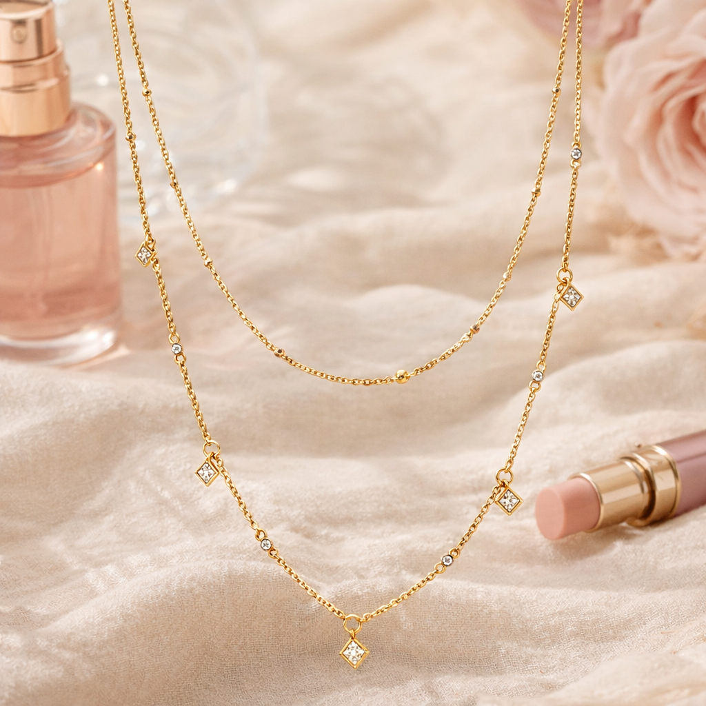 Collier Double Rang en Plaqué Or 18 Carats & Zirconium