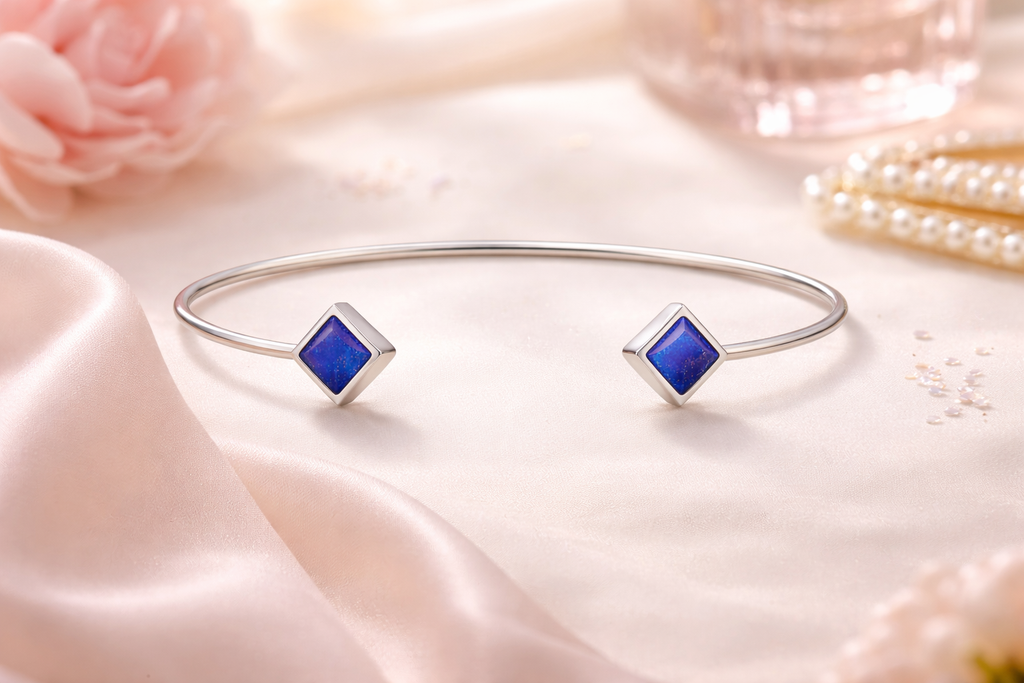 Bracelet Jonc Ouvert en Argent 925 Rhodié & Lapis Lazuli
