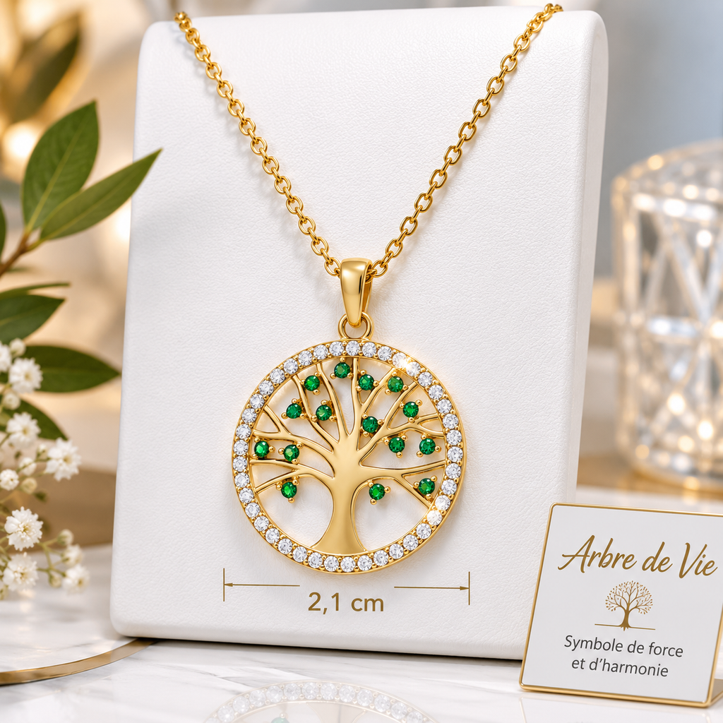 Collier Arbre de Vie – Plaqué Or Jaune 18 Carats & Zirconiums Verts et Blancs