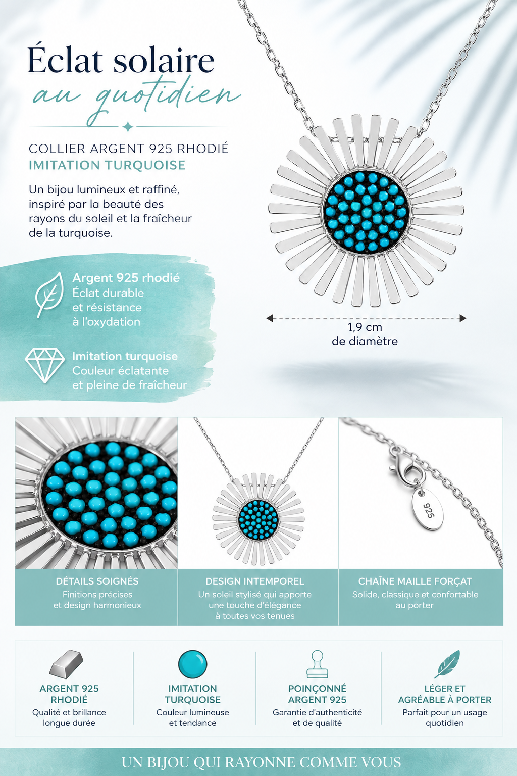 Collier Soleil Turquoise Argent 925 Rhodié