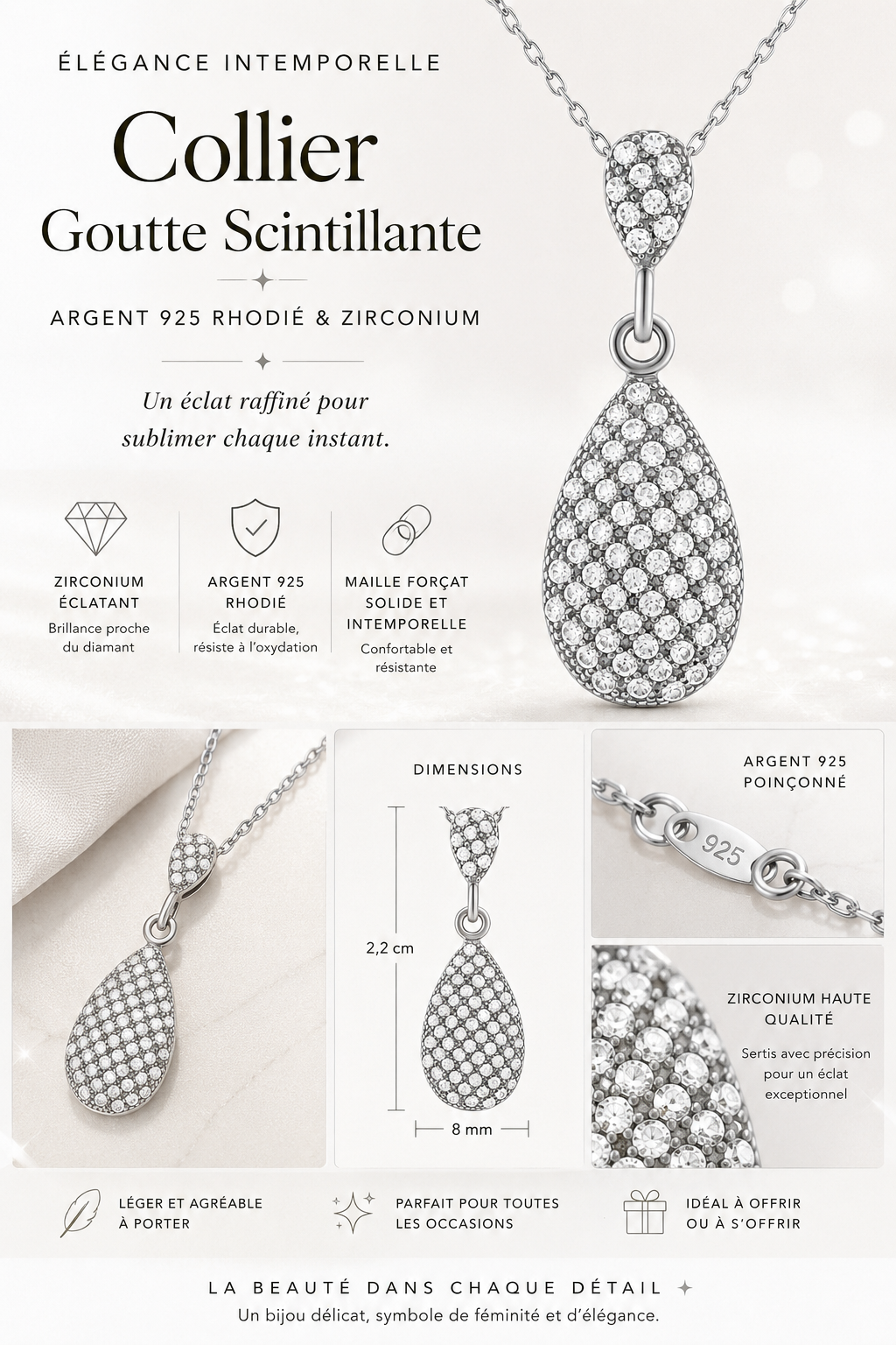 Collier goutte pavée en Argent 925 rhodié & Zirconiums – Orinae