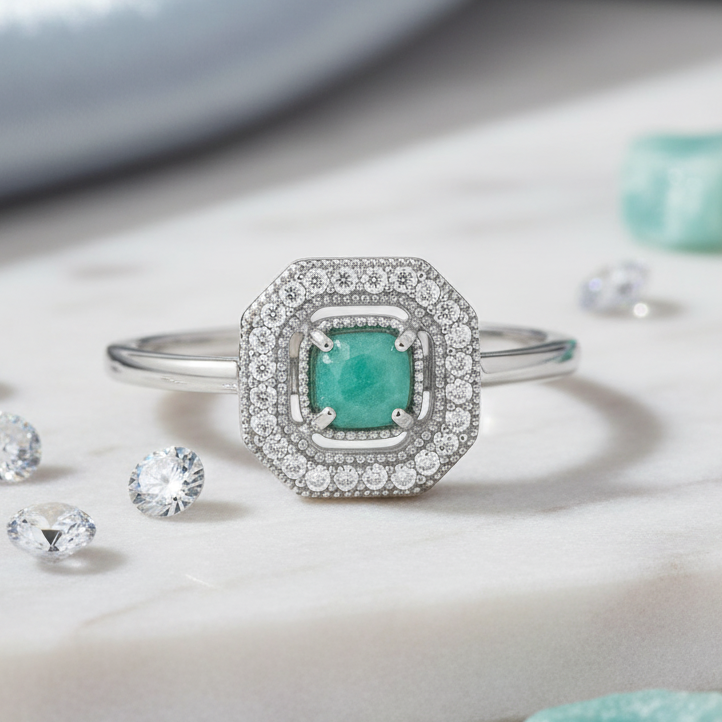 Bague en Argent 925 Rhodié avec Amazonite – Halo de Zirconium | Élégance & Protection
