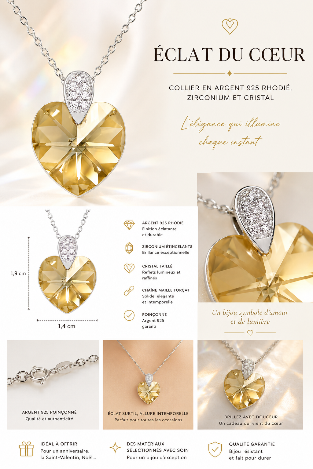 Collier Cœur Cristal & Zirconiums en Argent 925 Rhodié