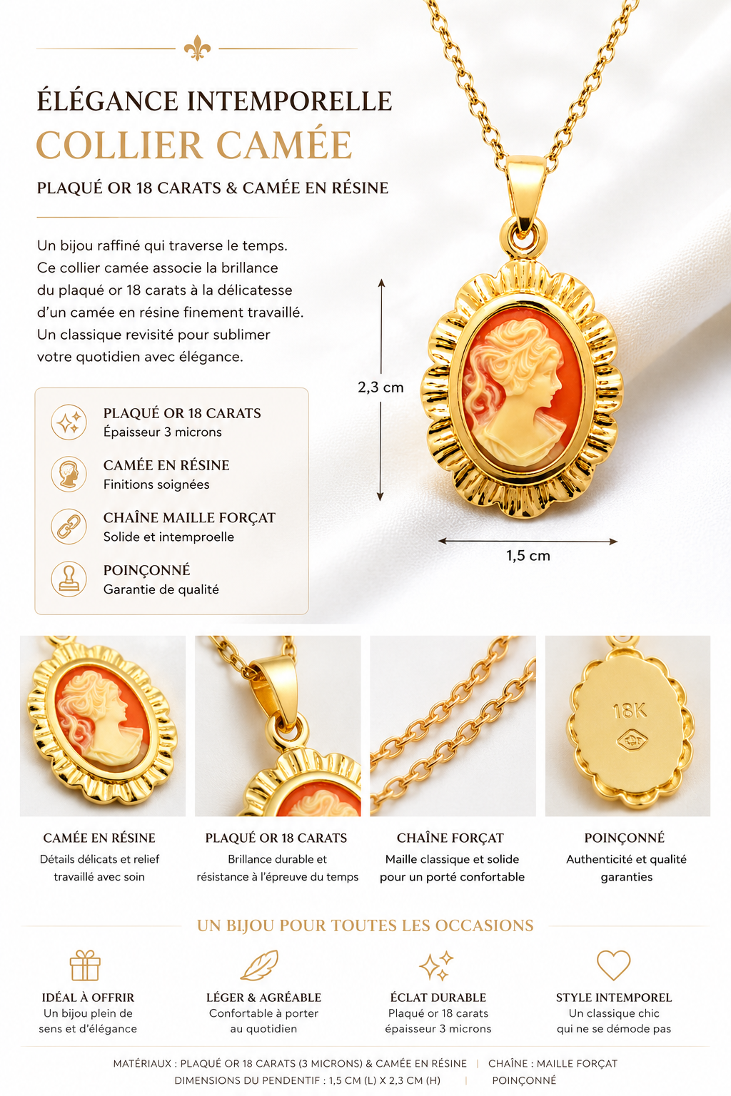 Collier Camée rouge Vintage – Plaqué Or 18 Carats & Résine