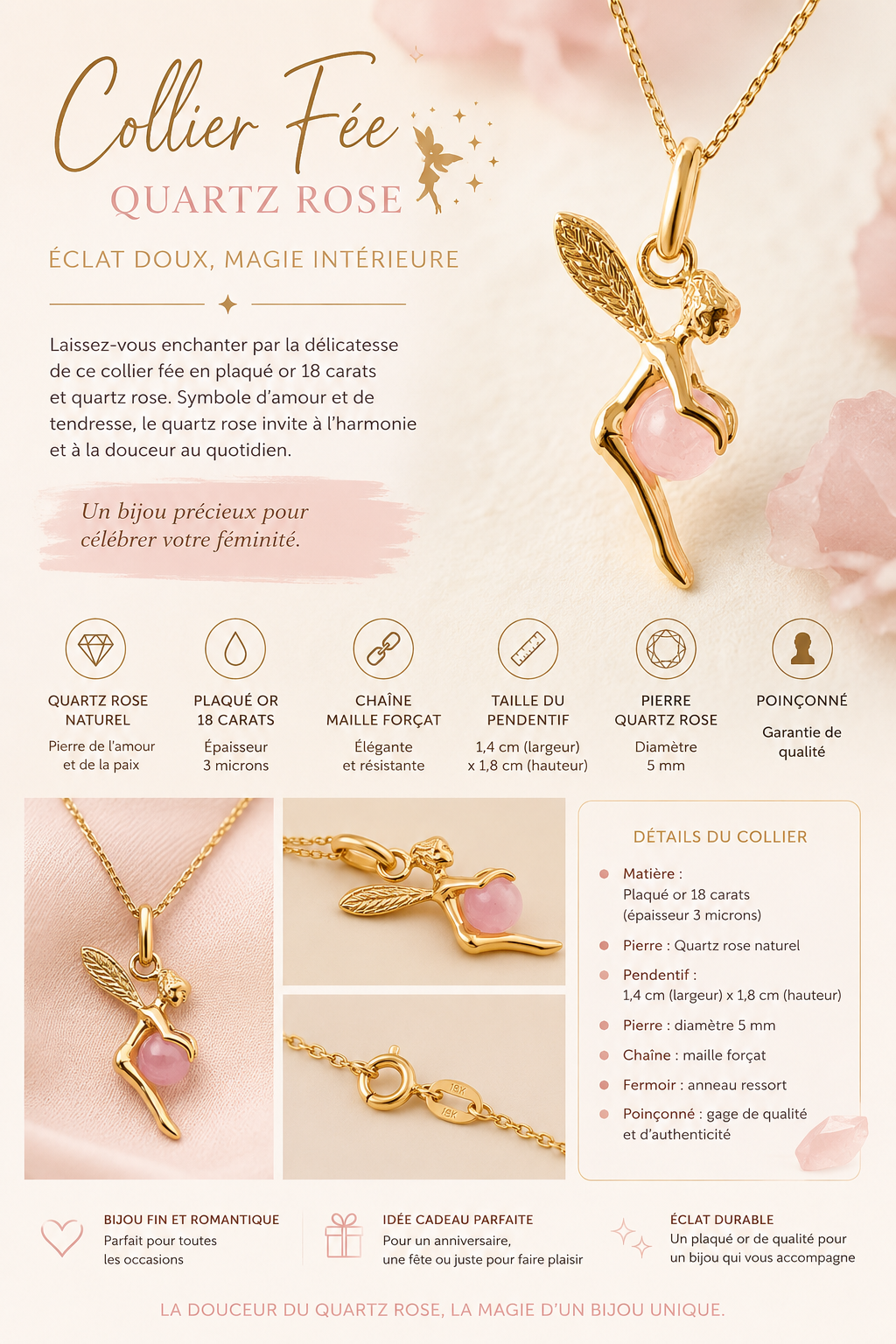 Collier Fée Quartz Rose – Plaqué Or Jaune 18 Carats