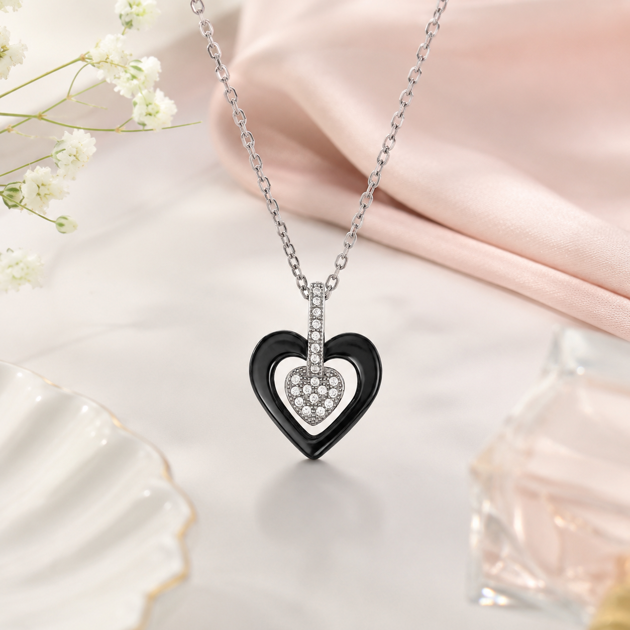 Collier Cœur Céramique Noire & Argent 925 Rhodié
