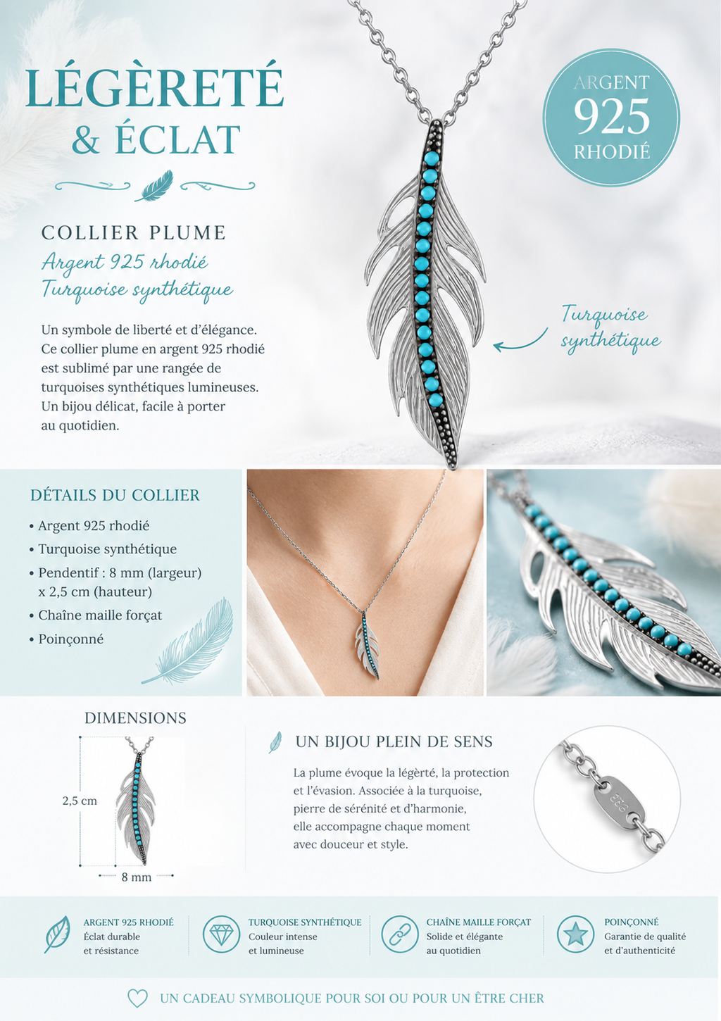 Collier Plume Argent 925 Rhodié & Turquoise Synthétique