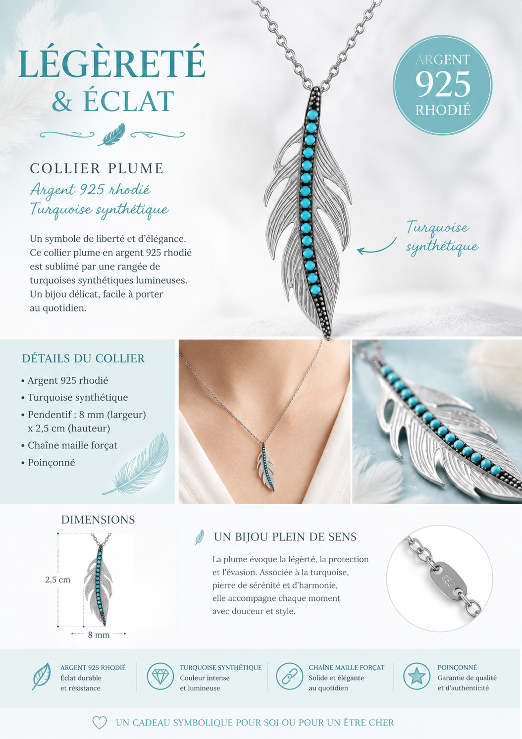 Collier Plume Argent 925 Rhodié & Turquoise Synthétique