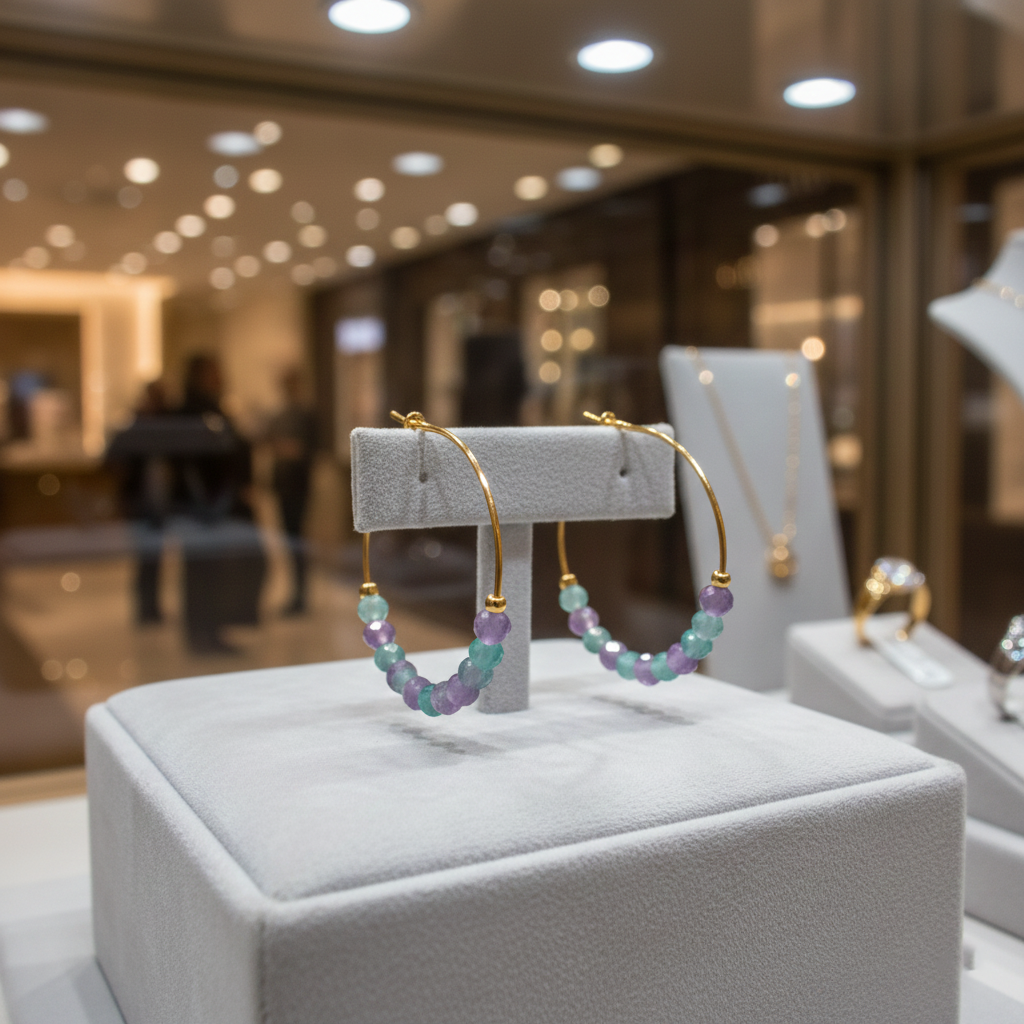 Boucles d’oreilles créoles 3 cm en plaqué or – Améthyste & Calcédoine
