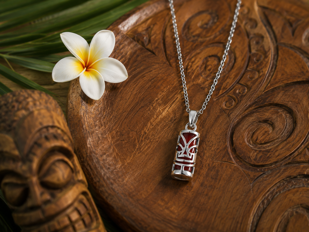 Collier petit Tiki en Argent 925 Rhodié & Agate rouge Naturelle – Unisexe
