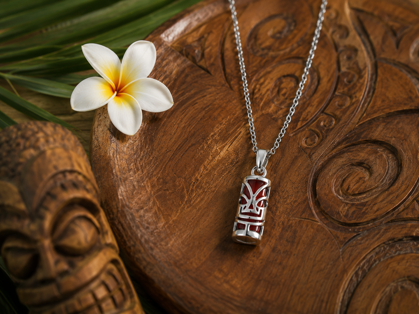Collier petit Tiki en Argent 925 Rhodié & Agate rouge Naturelle – Unisexe