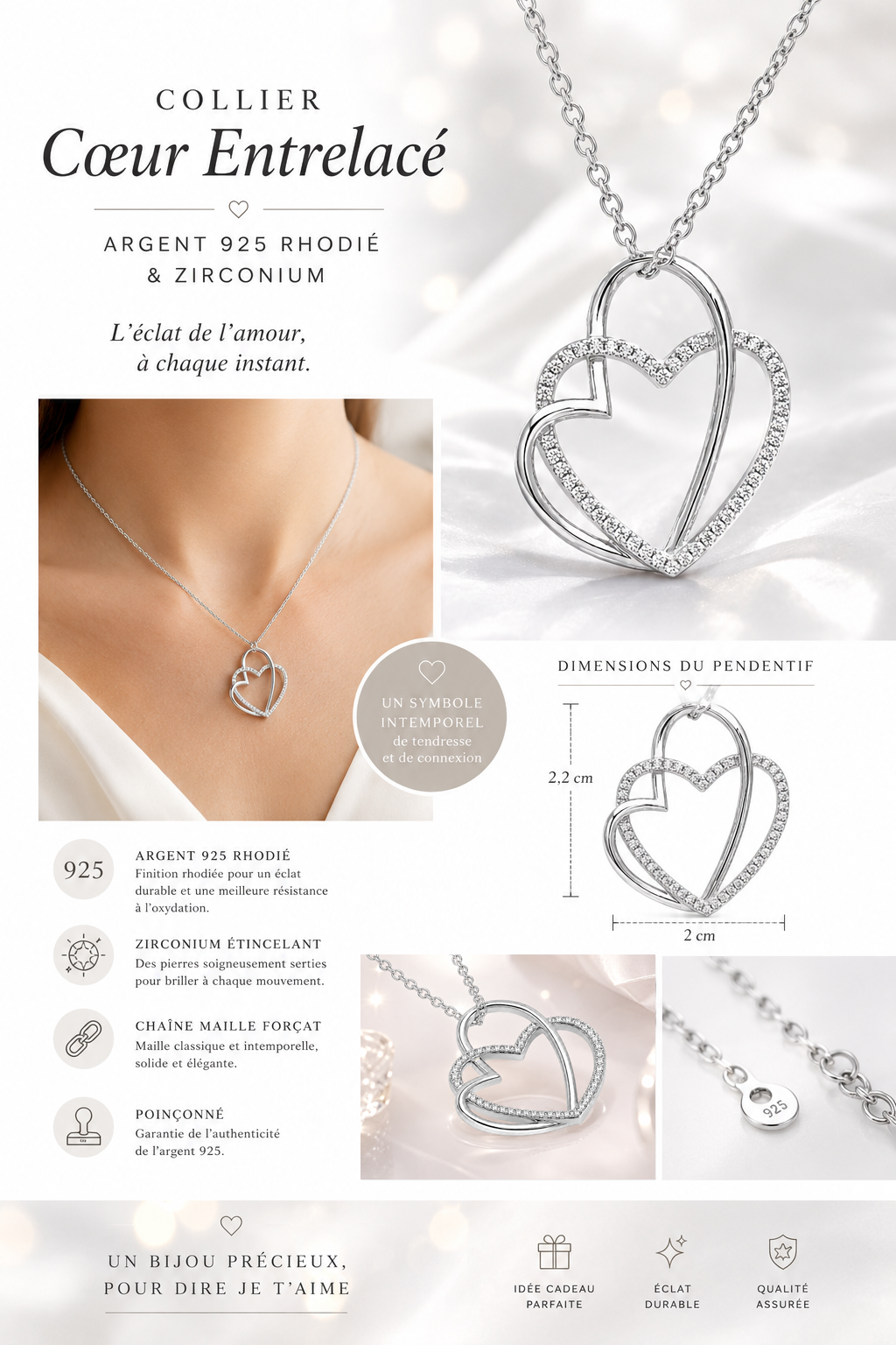 Collier Cœurs Entrelacés en Argent 925 Rhodié & Zirconiums
