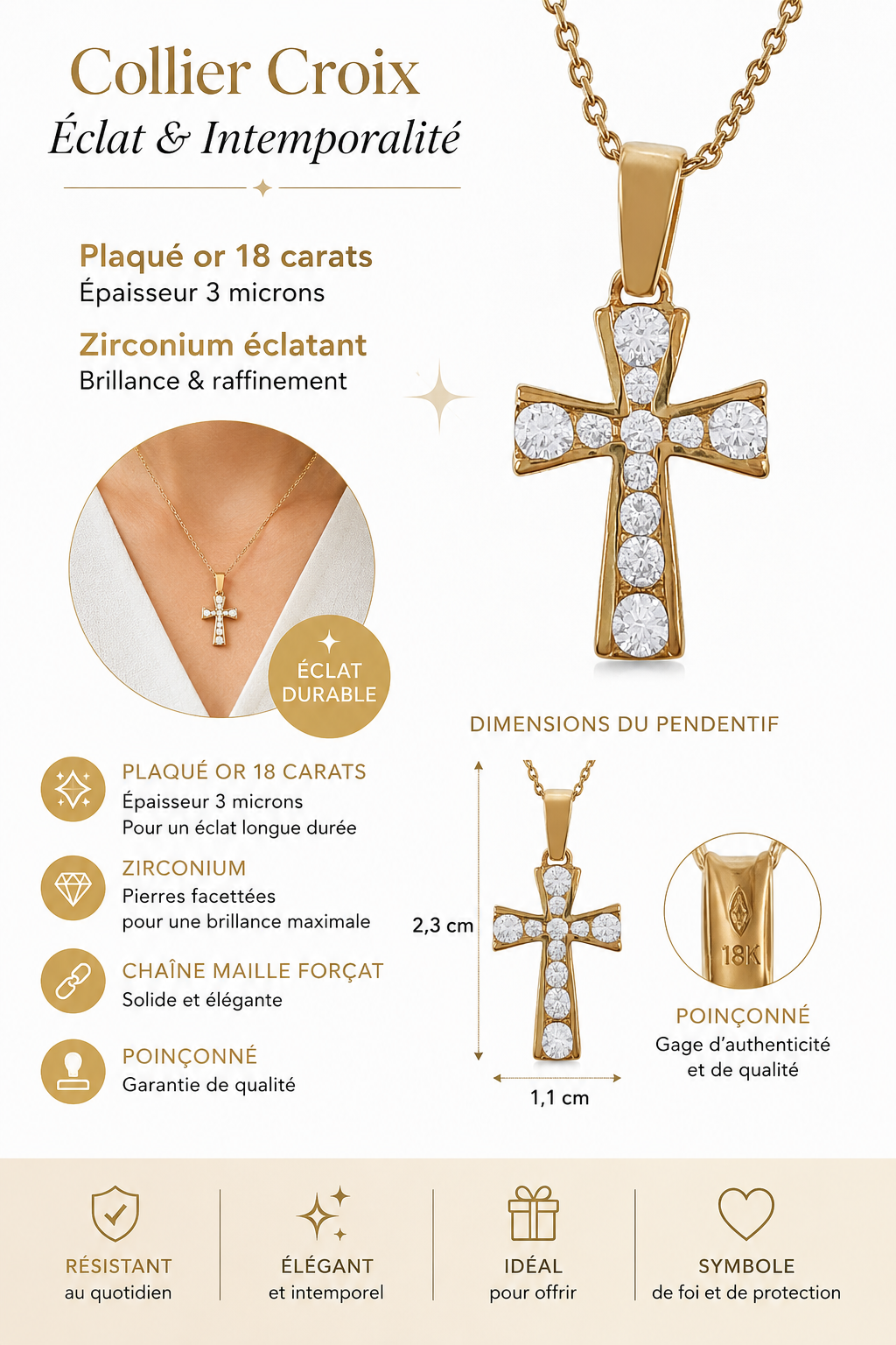 Collier Croix Zirconium Plaqué Or Jaune 18 Carats