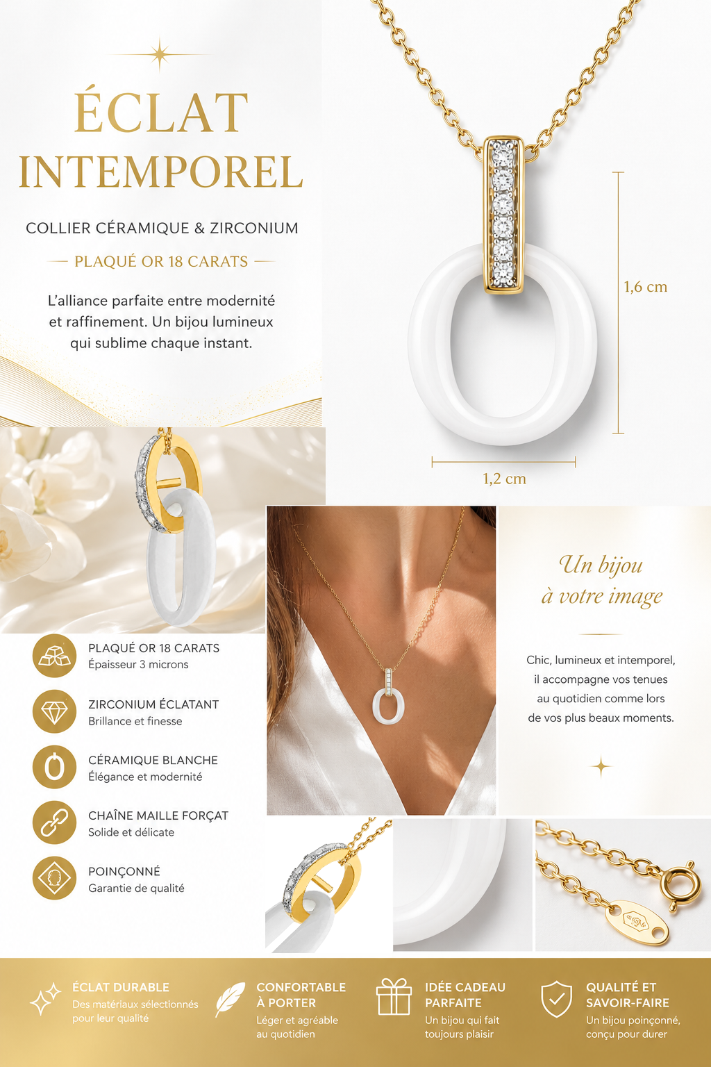 Collier Céramique Blanche & Zirconiums – Plaqué Or 18 Carats