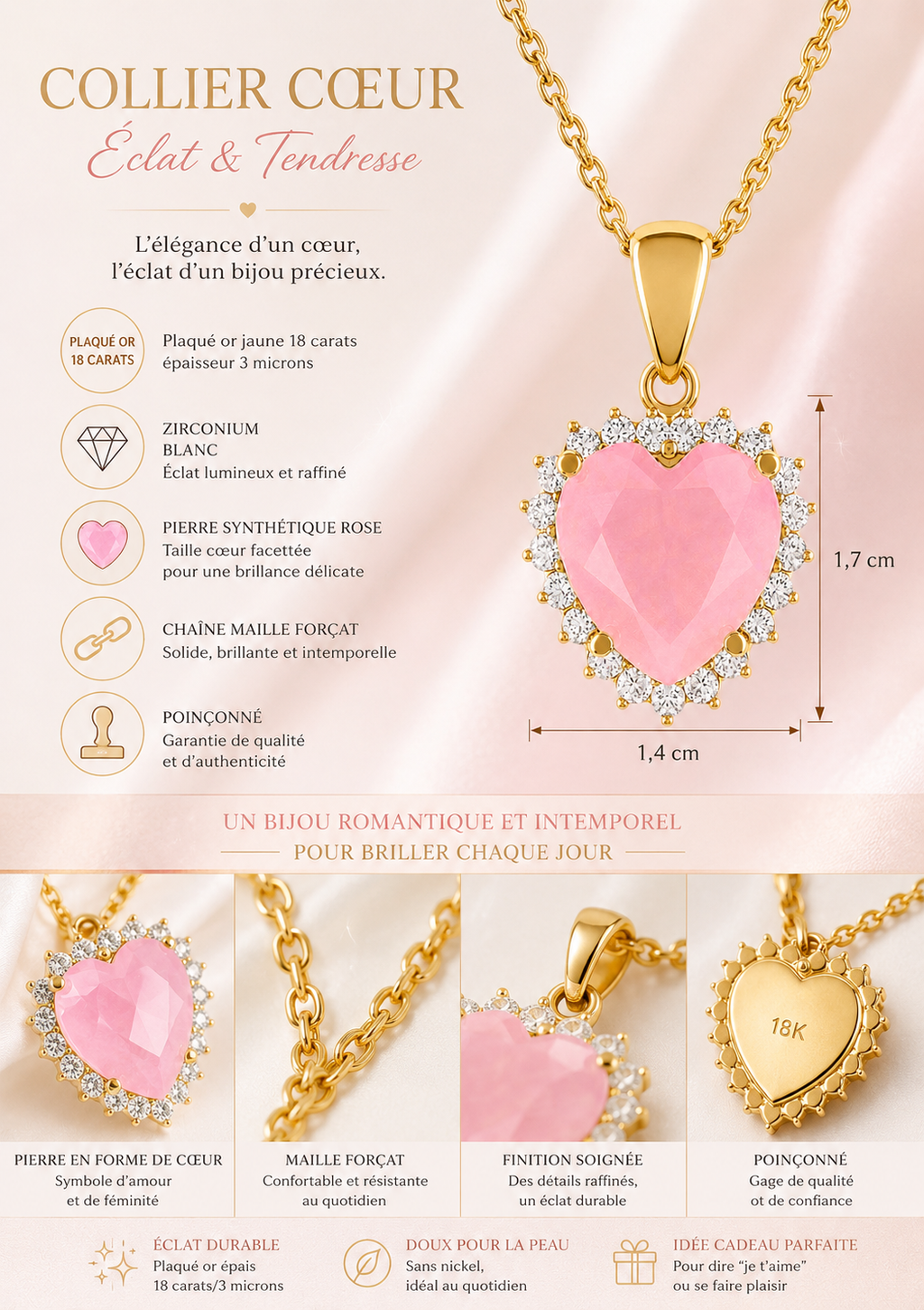 Collier Cœur Rose – Plaqué Or Jaune 18 Carats